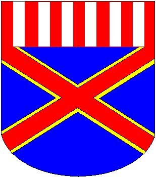 AMA Coat of Arms: Azure, a saltire gules fimbriated Or, a chief paly of 13 gules and argent.